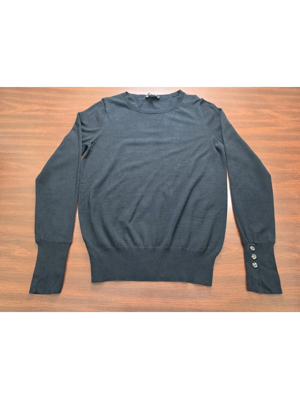Ann Taylor Black Crewneck Medium Sweater Button Cuffs Career Minimalist Chic